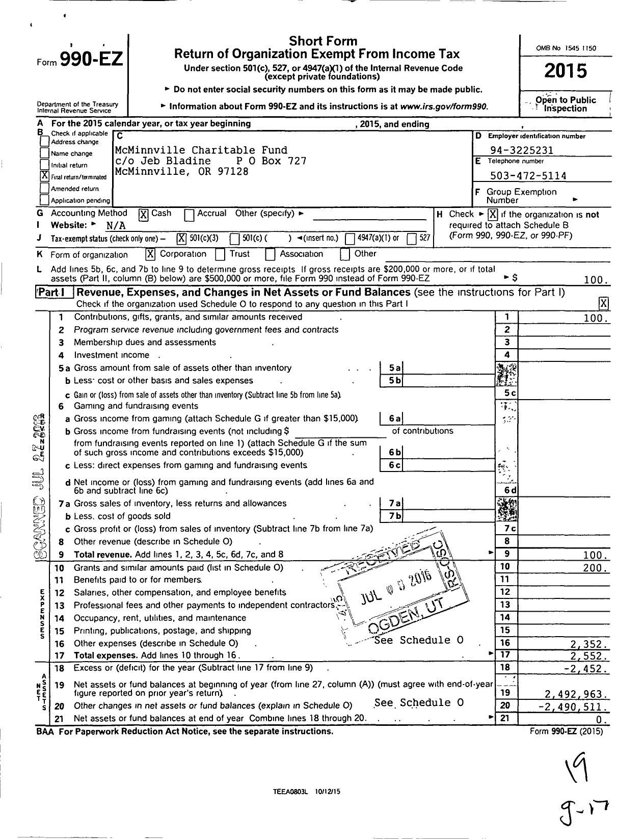 Image of first page of 2015 Form 990EZ for Mcminnville Charitable Fund