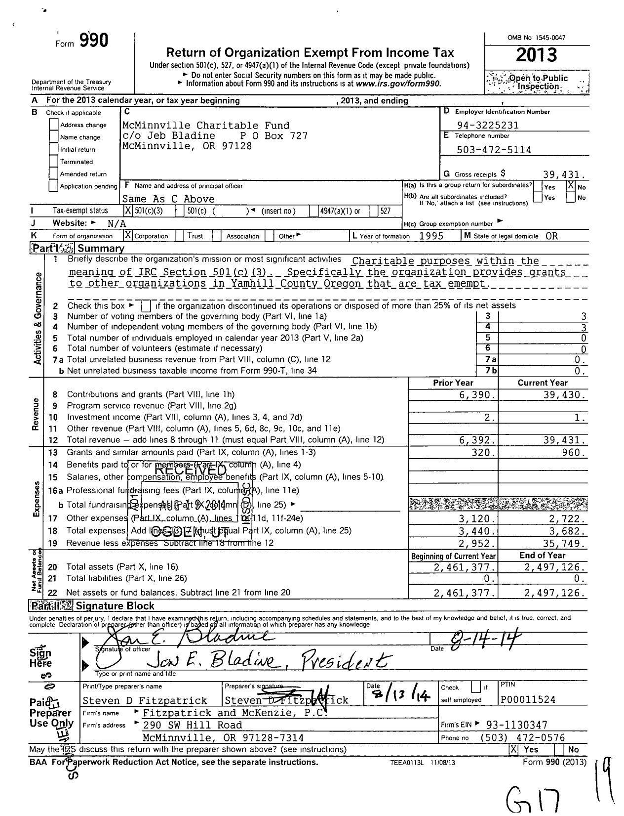 Image of first page of 2013 Form 990 for Mcminnville Charitable Fund