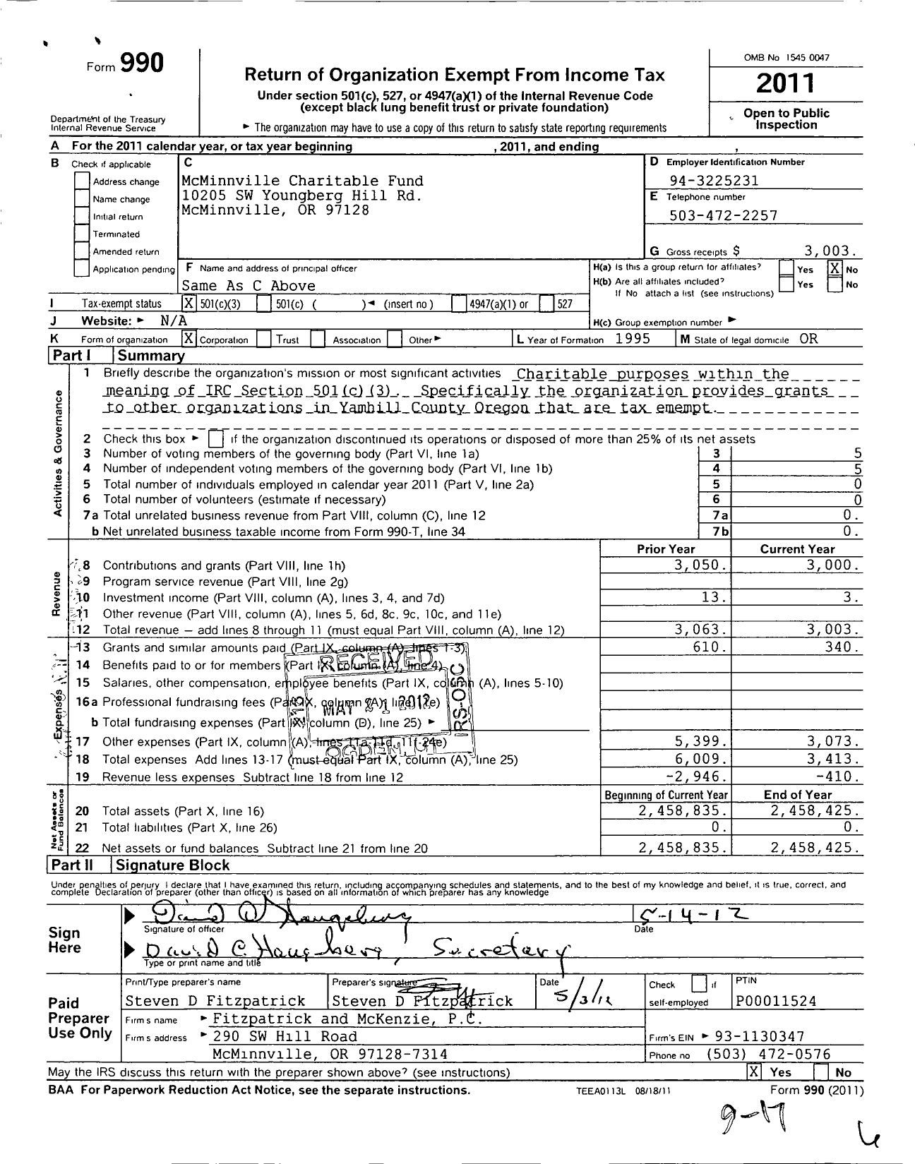 Image of first page of 2011 Form 990 for Mcminnville Charitable Fund