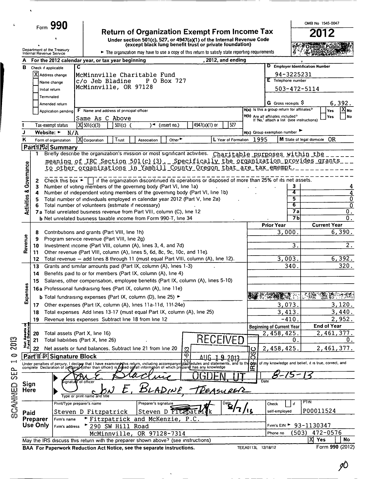 Image of first page of 2012 Form 990 for Mcminnville Charitable Fund