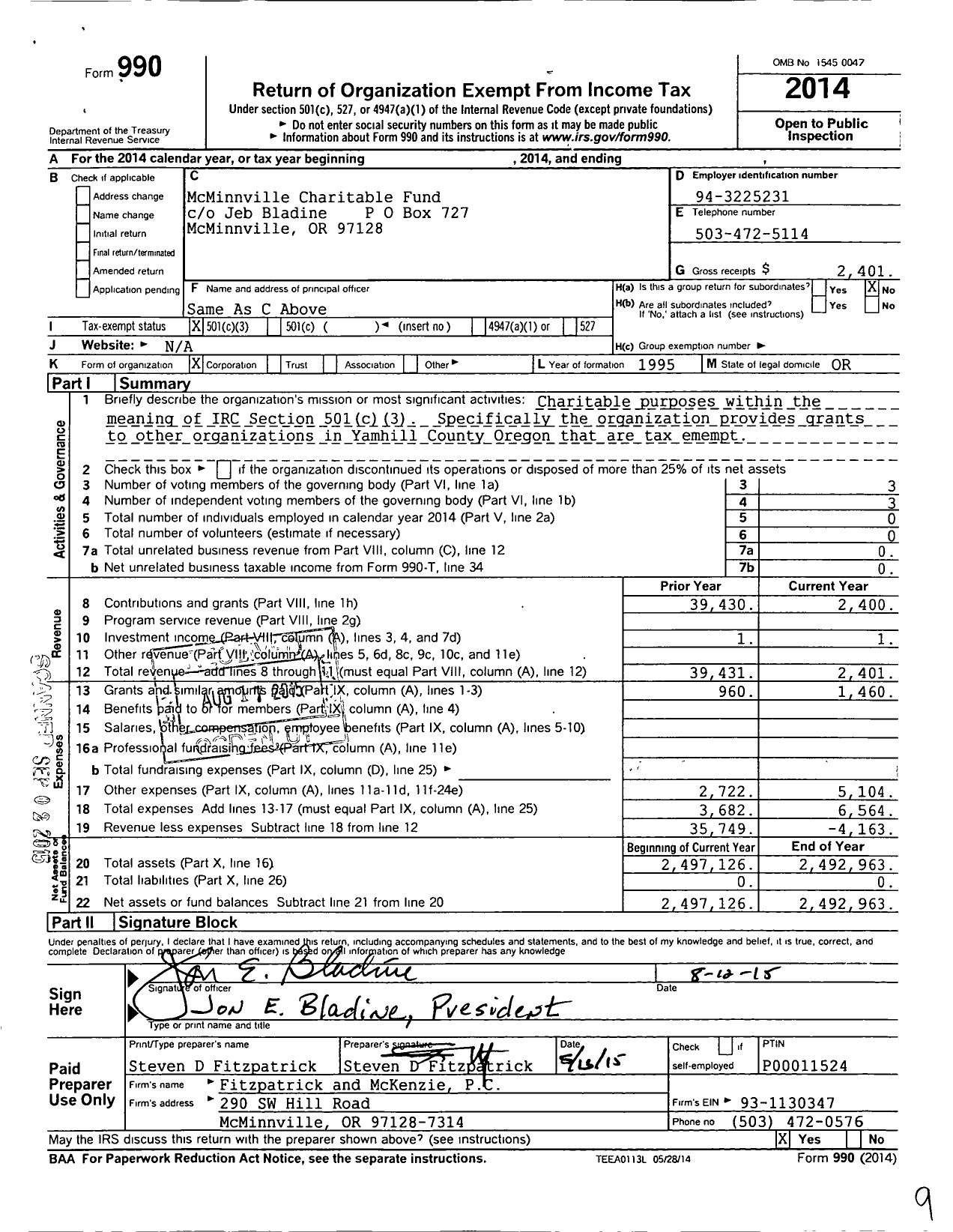 Image of first page of 2014 Form 990 for Mcminnville Charitable Fund