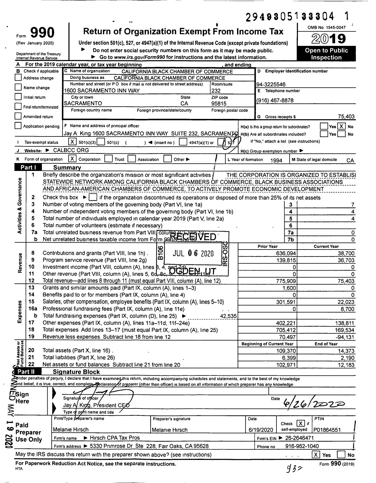 Image of first page of 2019 Form 990 for California Black Chamber of Commerce