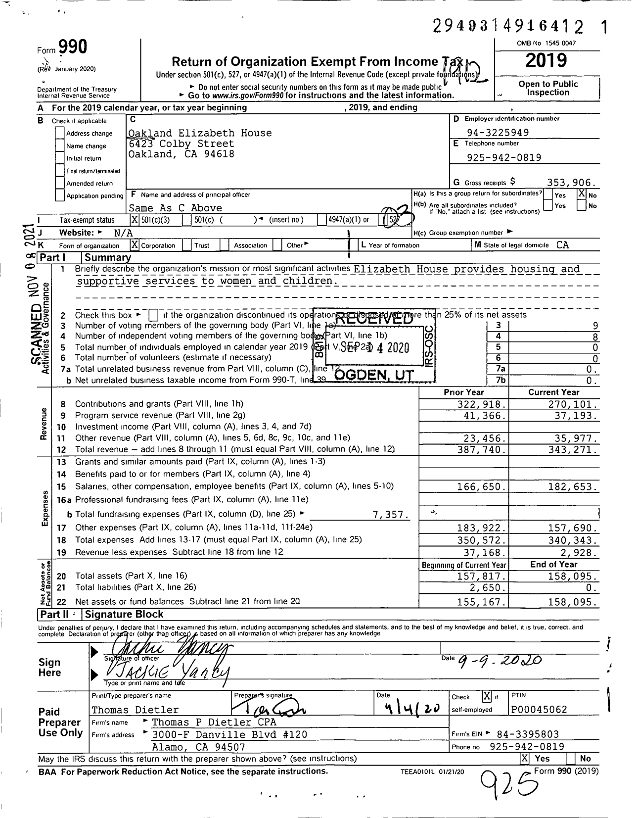 Image of first page of 2019 Form 990 for Oakland Elizabeth House