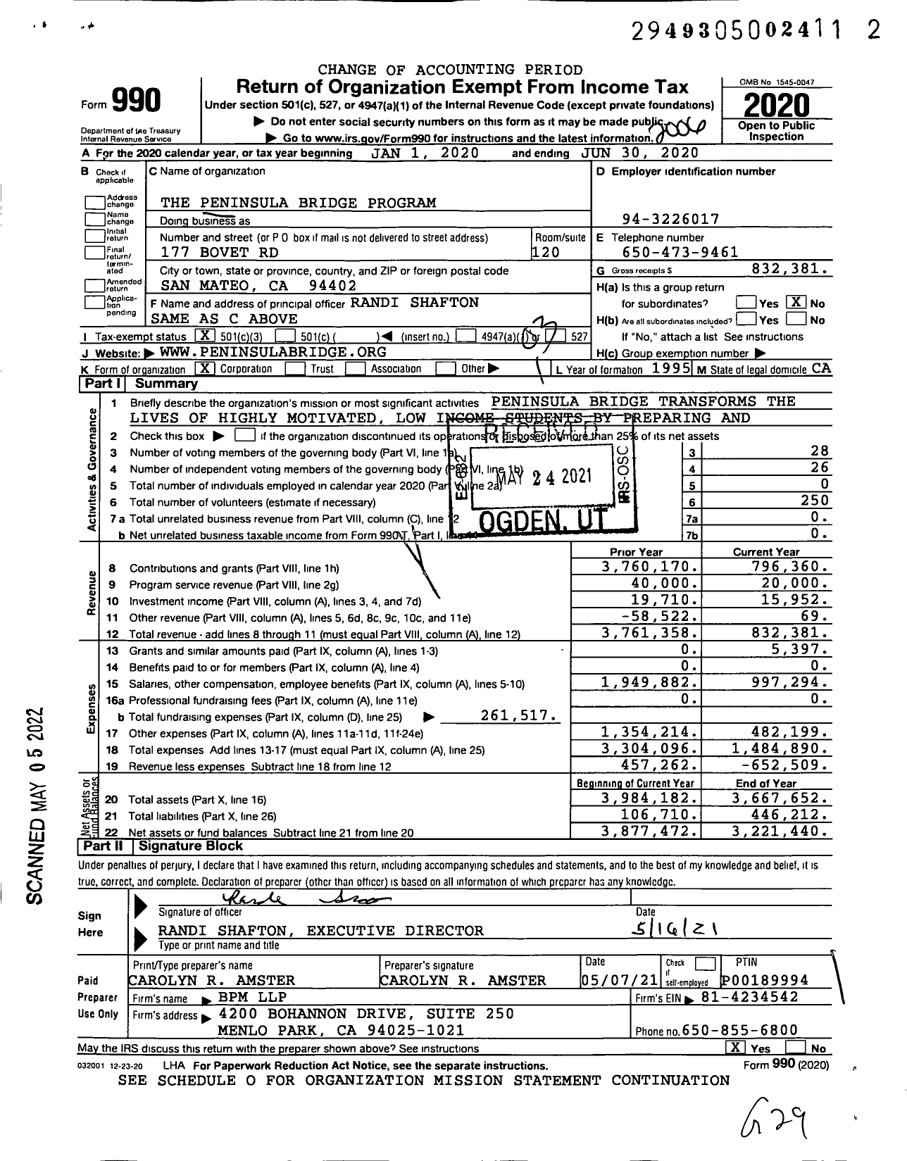 Image of first page of 2019 Form 990 for The Peninsula Bridge Program