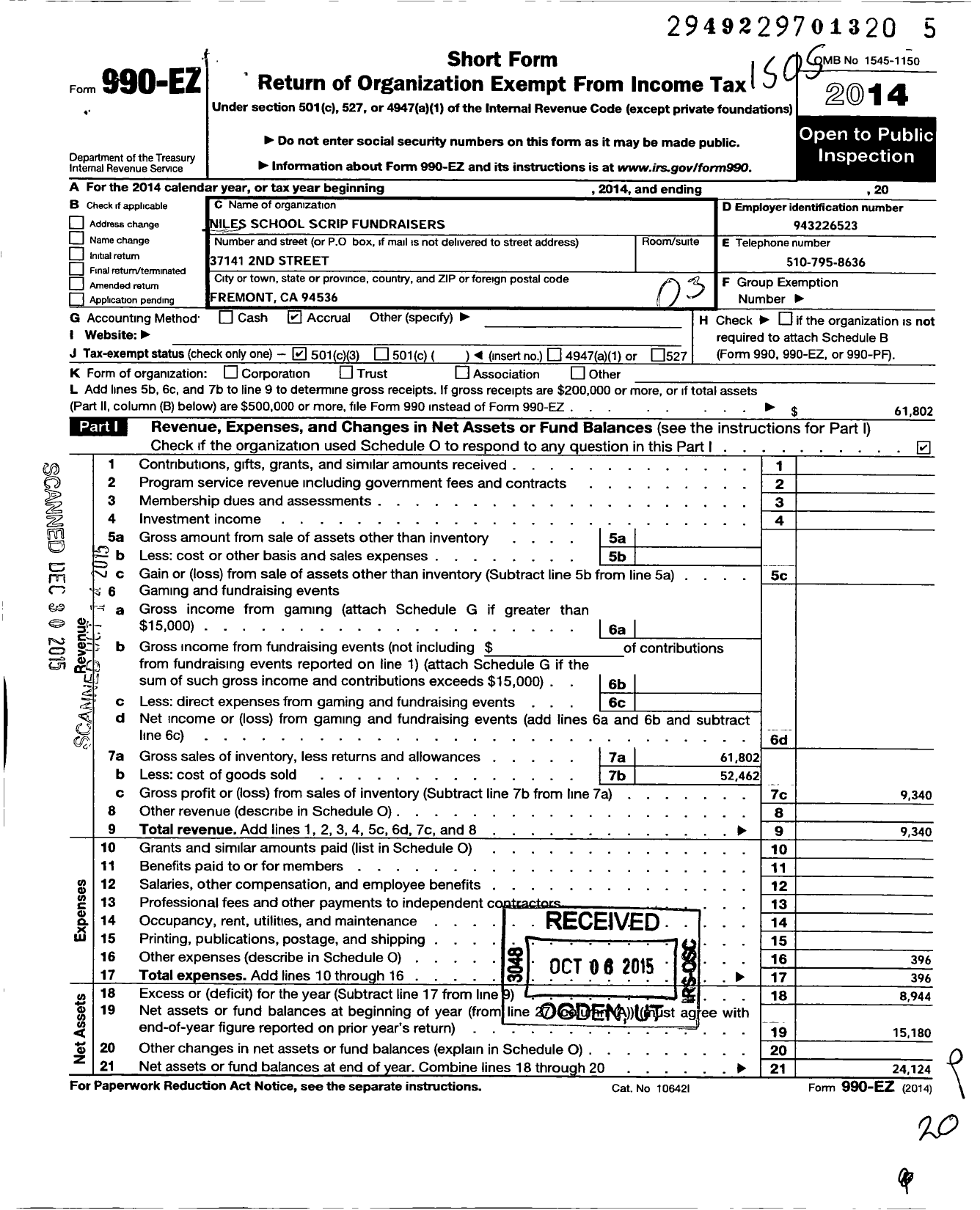 Image of first page of 2014 Form 990EZ for Niles School Scrip Fundraisers