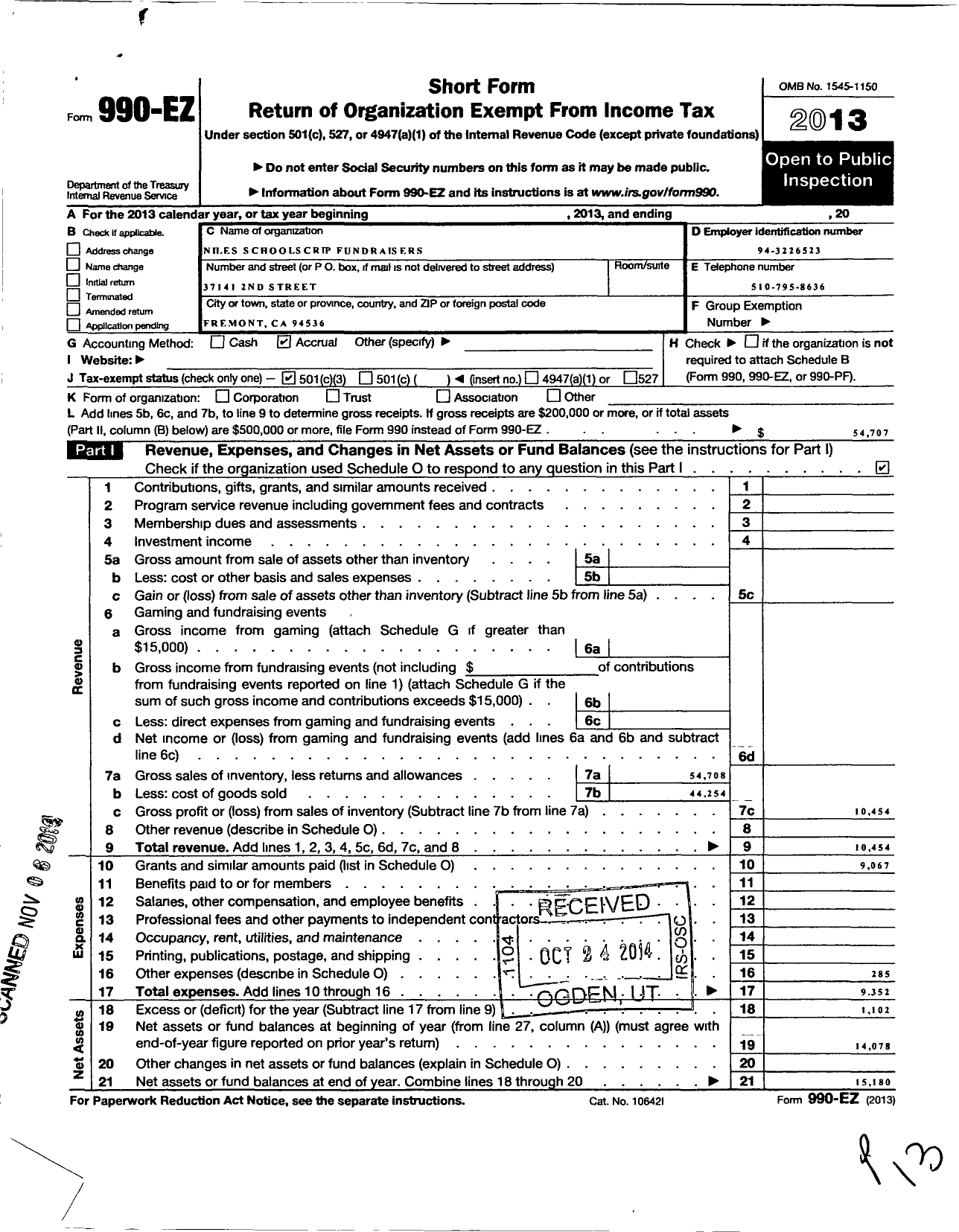 Image of first page of 2013 Form 990EZ for Niles School Scrip Fundraisers