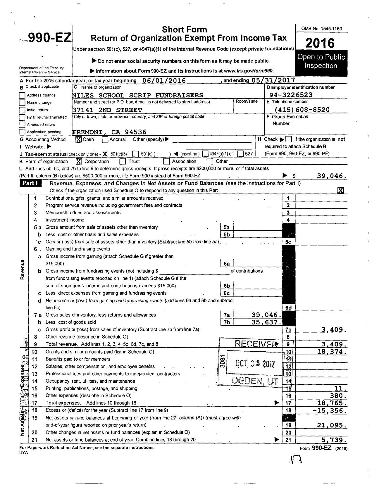 Image of first page of 2016 Form 990EZ for Niles School Scrip Fundraisers