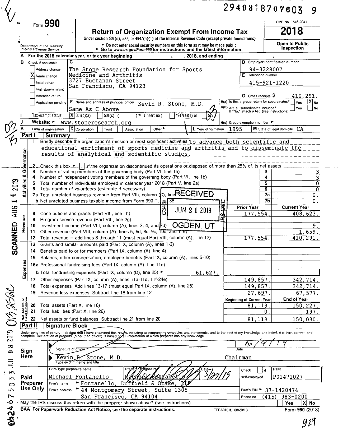 Image of first page of 2018 Form 990 for The Stone Research Foundation for Sports Medicine and Arthritis