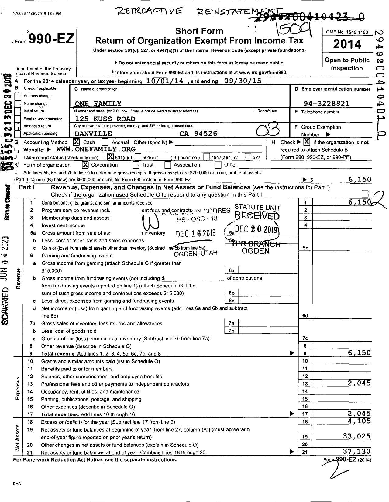 Image of first page of 2014 Form 990EZ for One Family