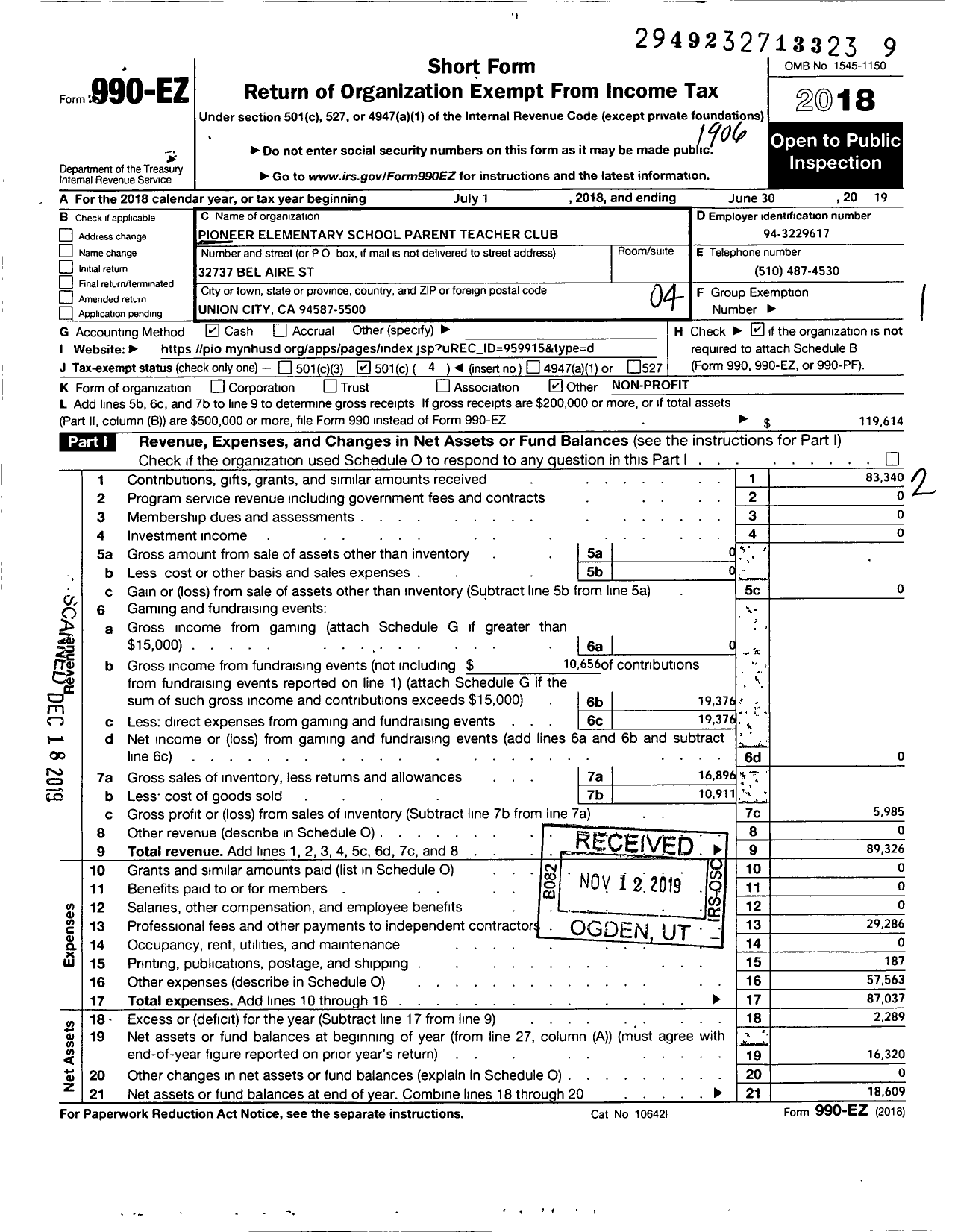 Image of first page of 2018 Form 990EO for Pioneer Elementary School Parent Teacher Club