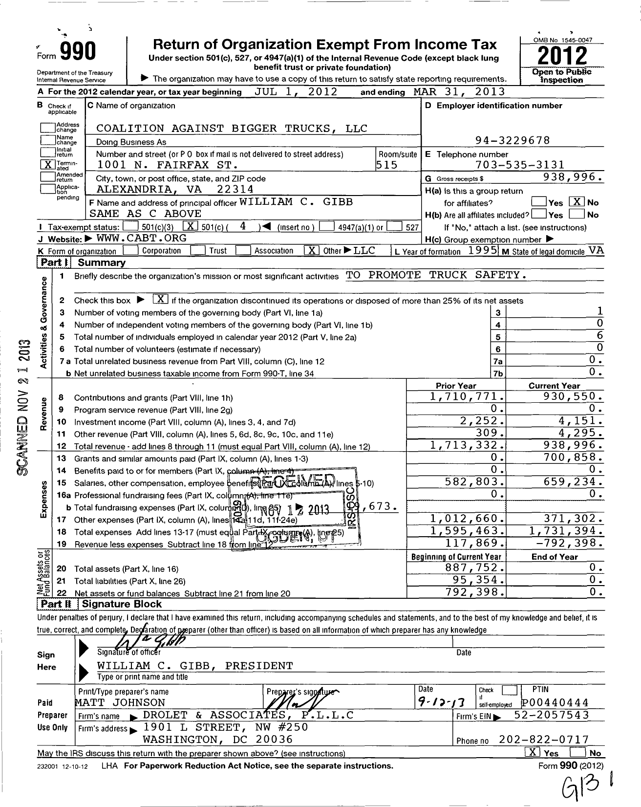 Image of first page of 2012 Form 990O for Coalition Against Bigger Trucks LLC