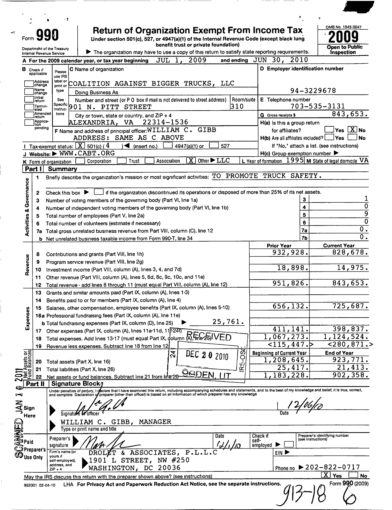 Image of first page of 2009 Form 990O for Coalition Against Bigger Trucks LLC