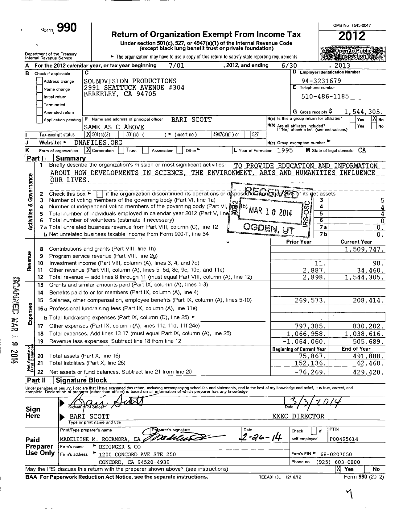 Image of first page of 2012 Form 990 for SoundVision Productions