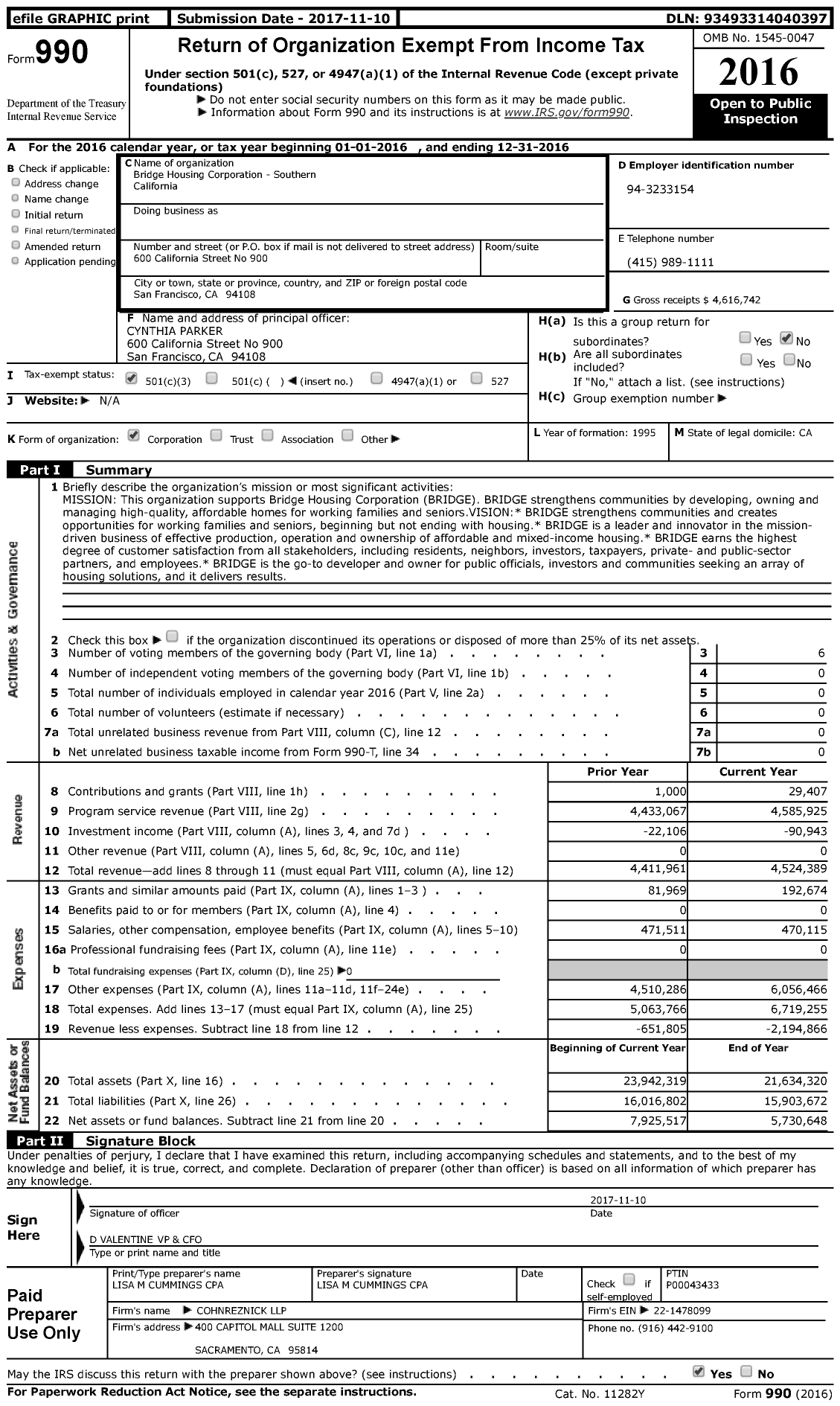 Image of first page of 2016 Form 990 for Bridge Housing Corporation - Southern California