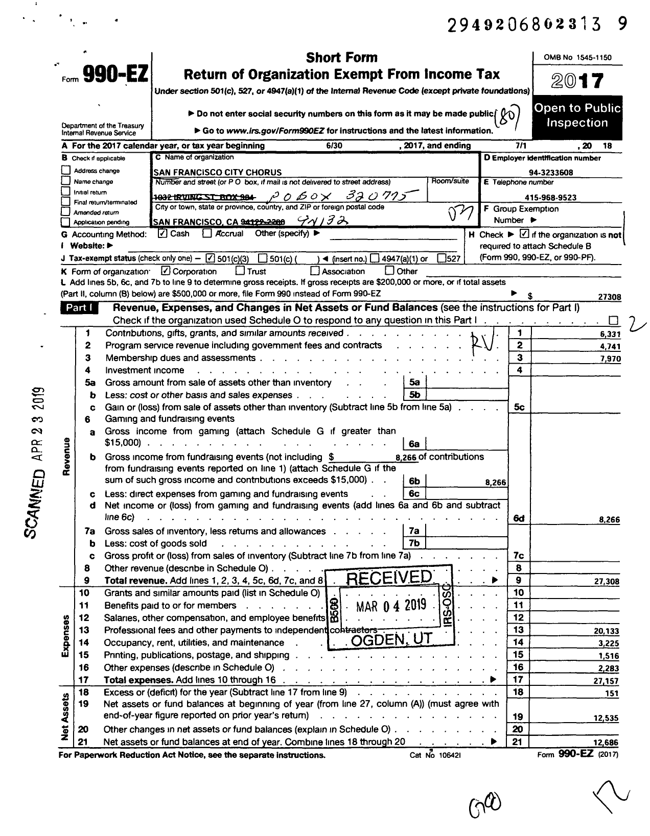 Image of first page of 2017 Form 990EZ for San Francisco City Chorus Association