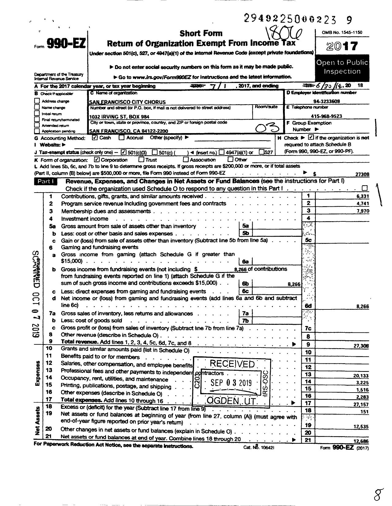 Image of first page of 2017 Form 990EZ for San Francisco City Chorus Association