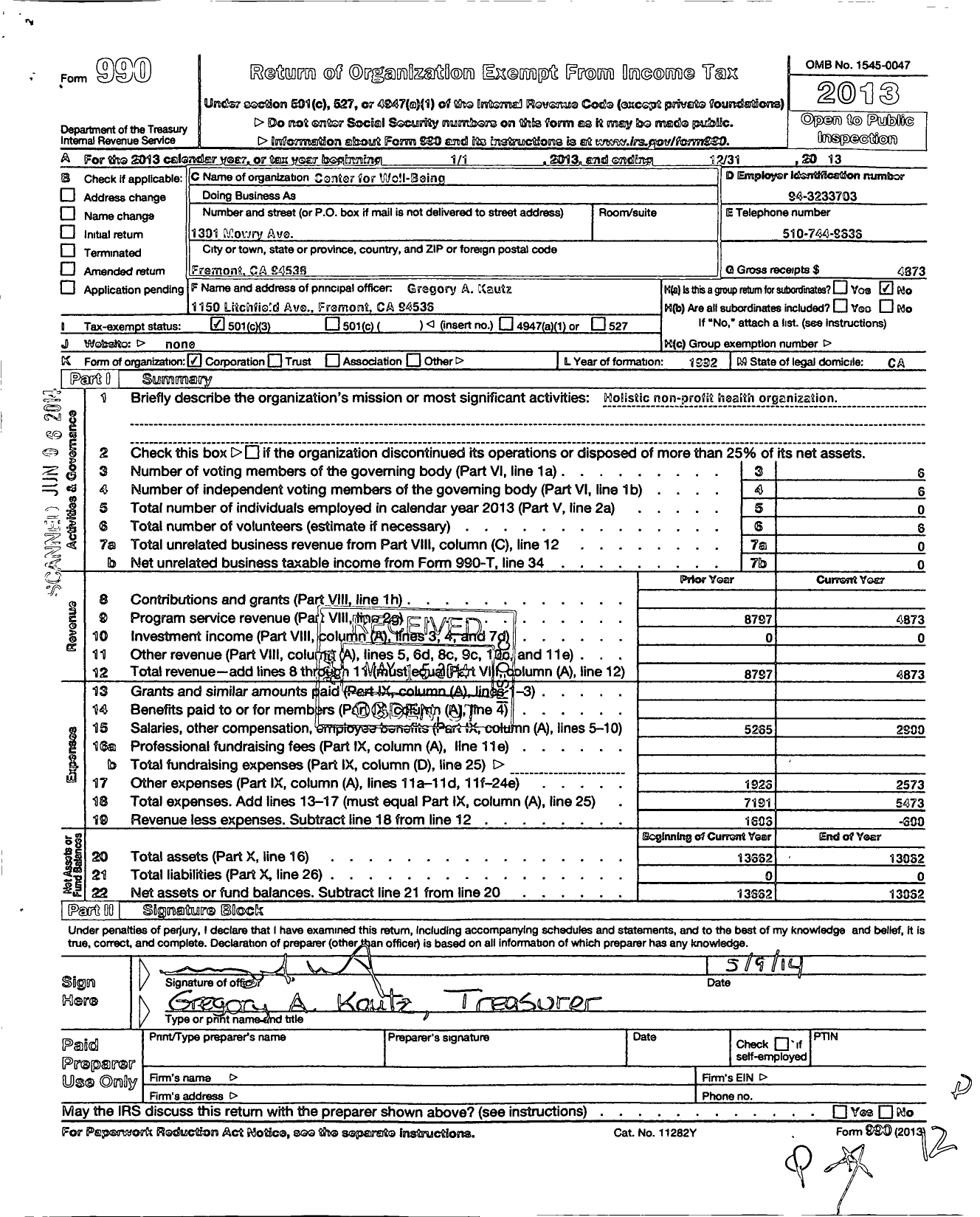 Image of first page of 2013 Form 990 for Center for Well - Being