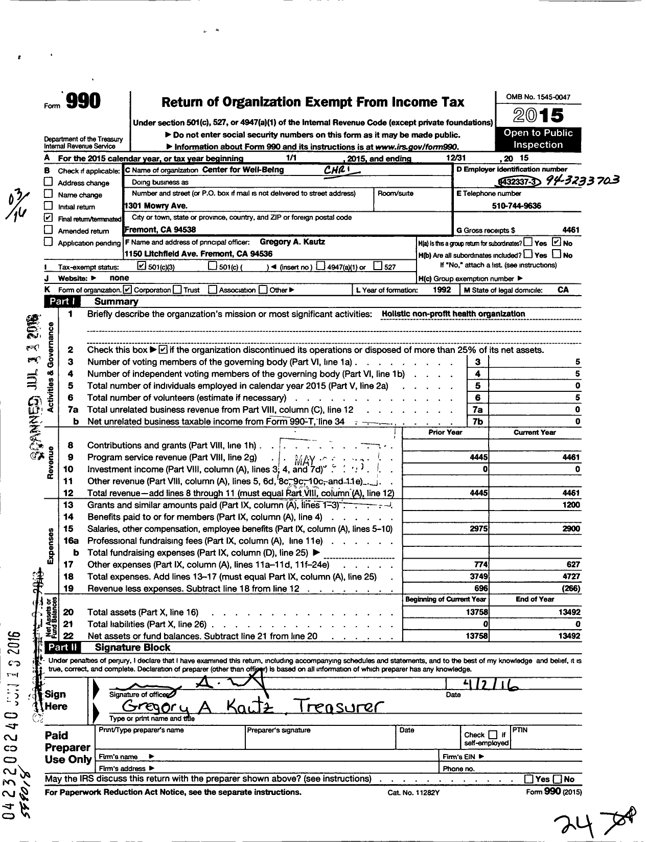Image of first page of 2015 Form 990 for Center for Well - Being