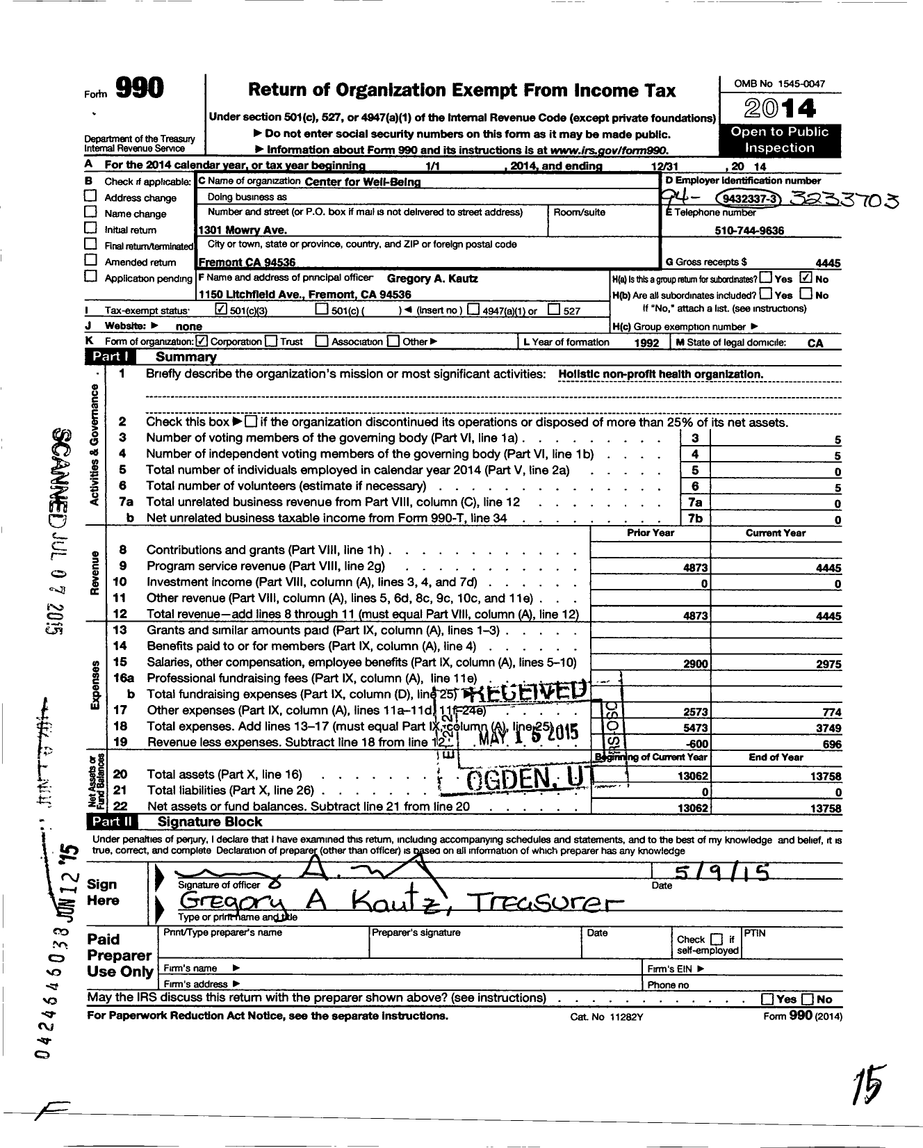Image of first page of 2014 Form 990 for Center for Well - Being