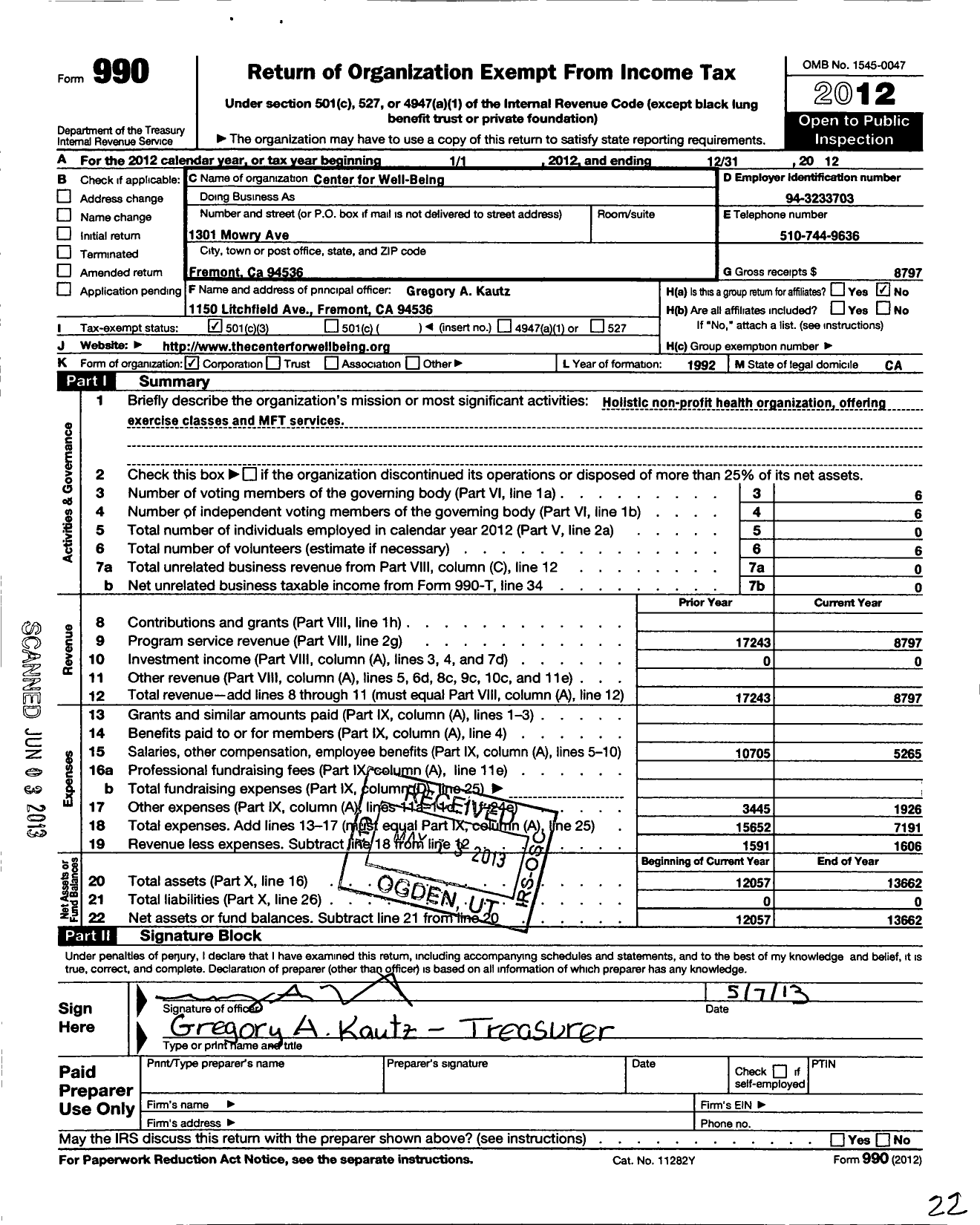 Image of first page of 2012 Form 990 for Center for Well - Being