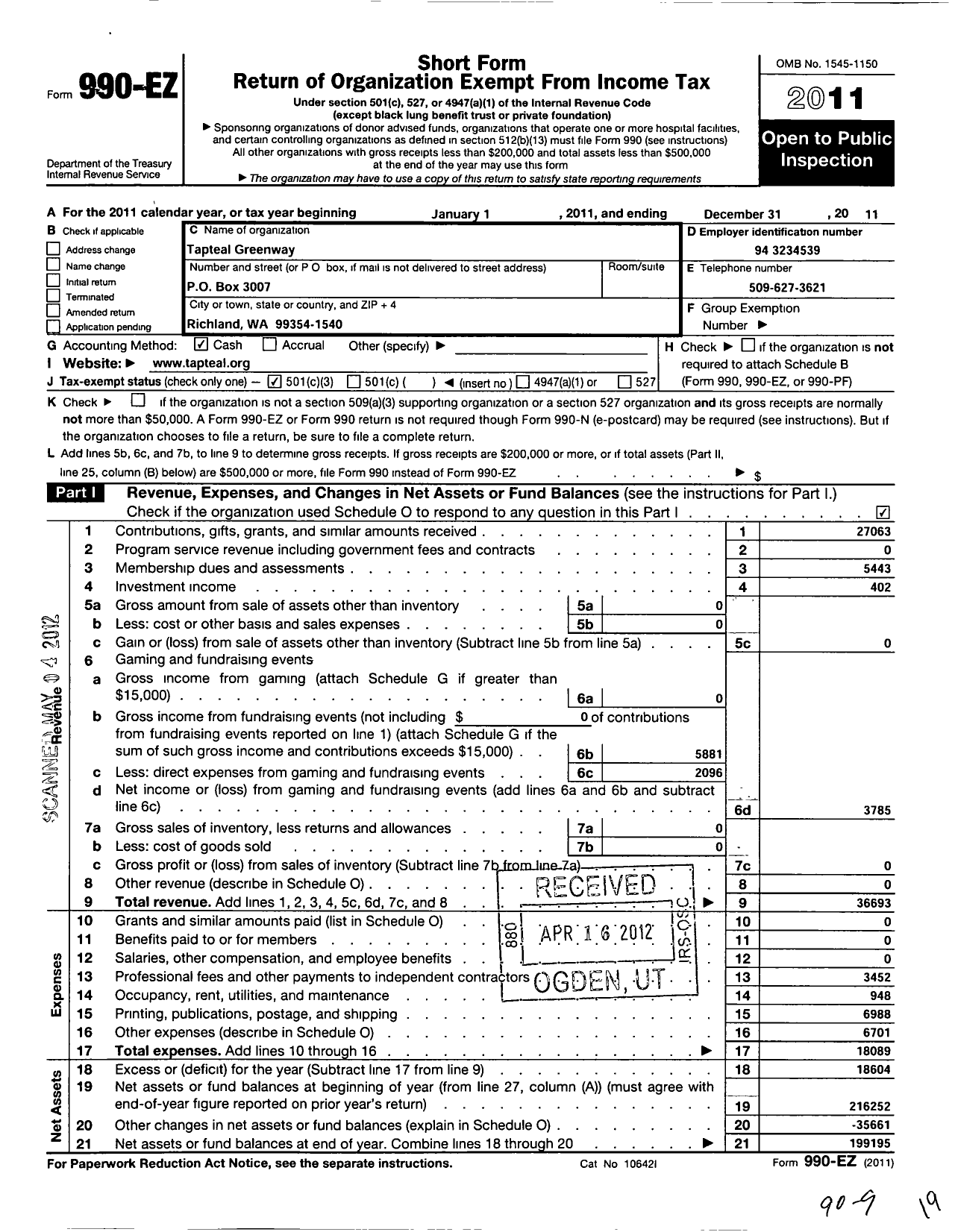 Image of first page of 2011 Form 990EZ for Tapteal Greenway