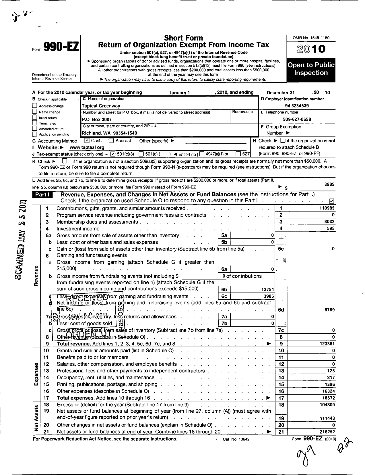 Image of first page of 2010 Form 990EZ for Tapteal Greenway