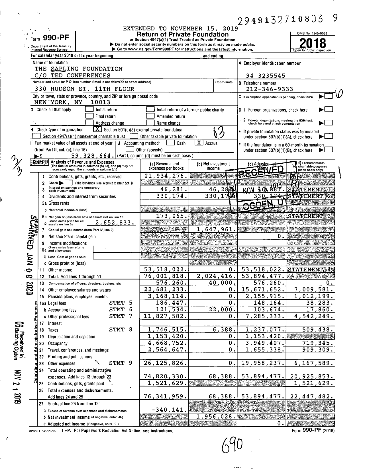 Image of first page of 2018 Form 990PF for The Sapling Foundation