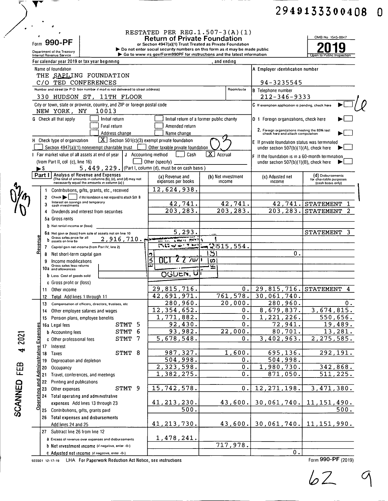 Image of first page of 2019 Form 990PF for Ted