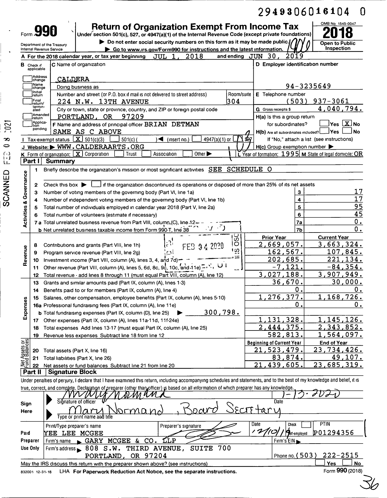 Image of first page of 2018 Form 990 for Caldera Arts