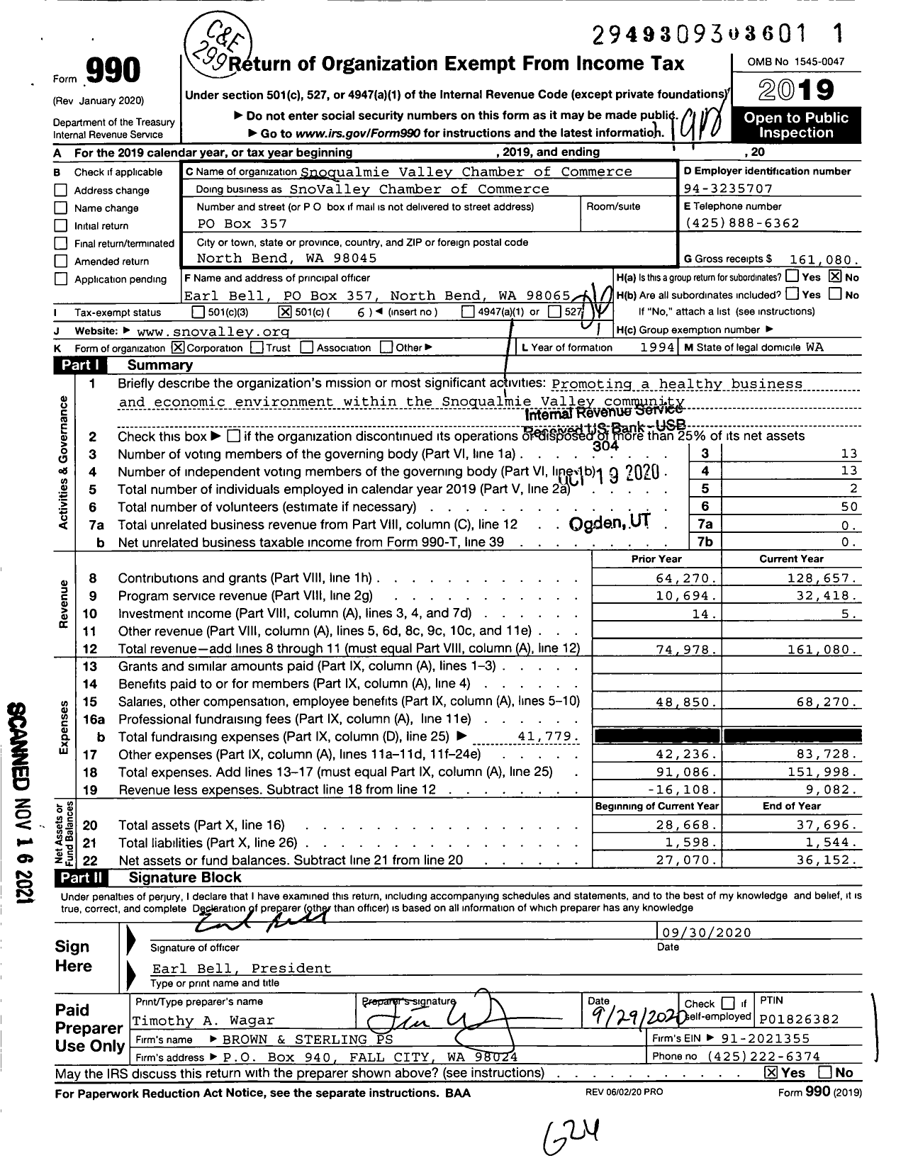 Image of first page of 2019 Form 990O for SnoValley Chamber of Commerce