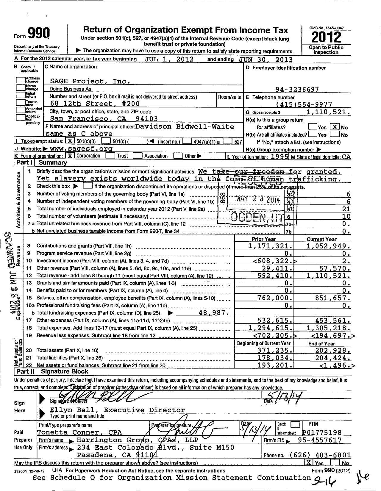 Image of first page of 2012 Form 990 for Sage Project