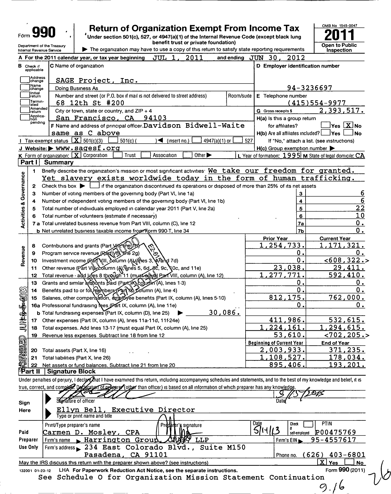 Image of first page of 2011 Form 990 for Sage Project