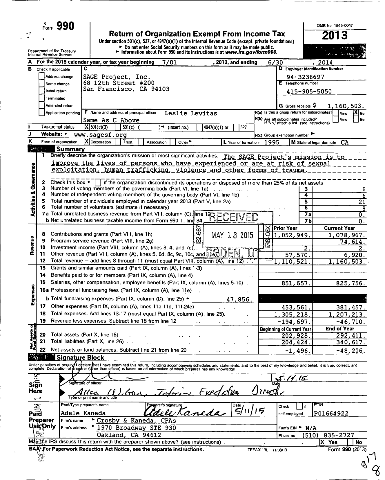 Image of first page of 2013 Form 990 for Sage Project