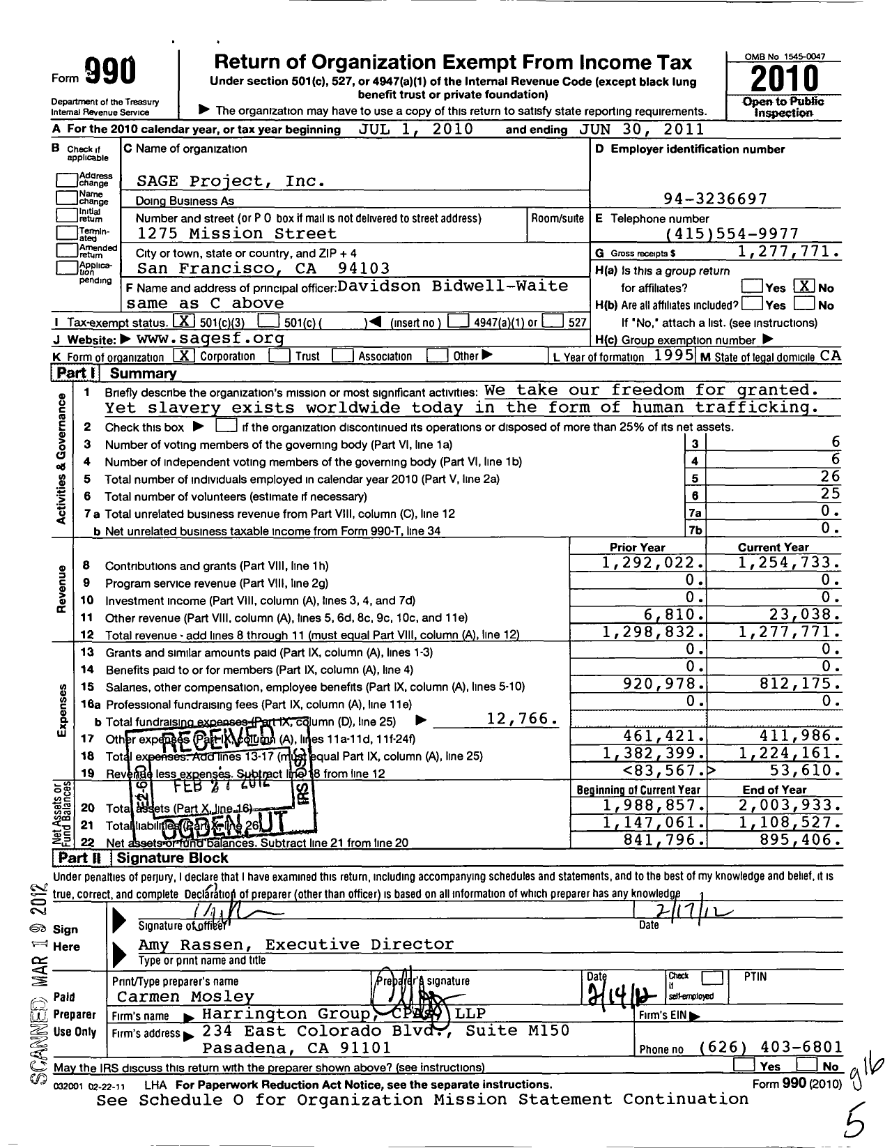 Image of first page of 2010 Form 990 for Sage Project