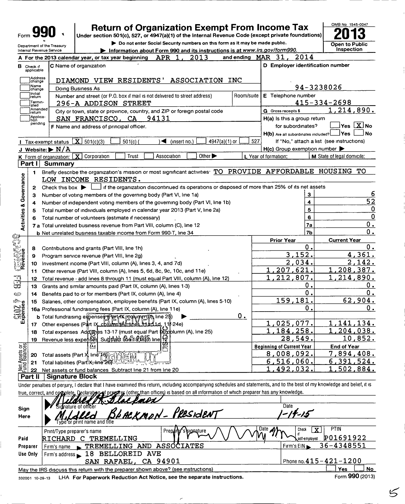 Image of first page of 2013 Form 990 for Diamond View Residents Association