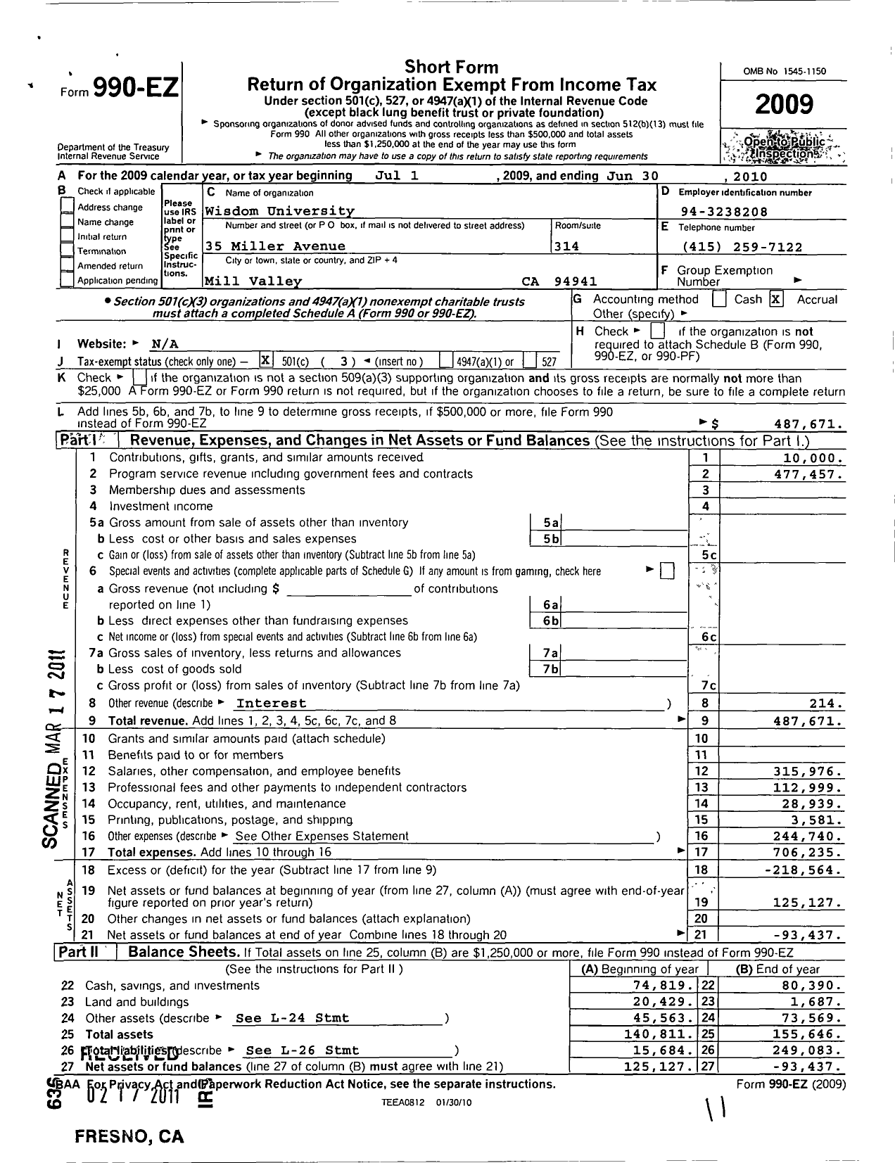 Image of first page of 2009 Form 990EZ for Wisdom University