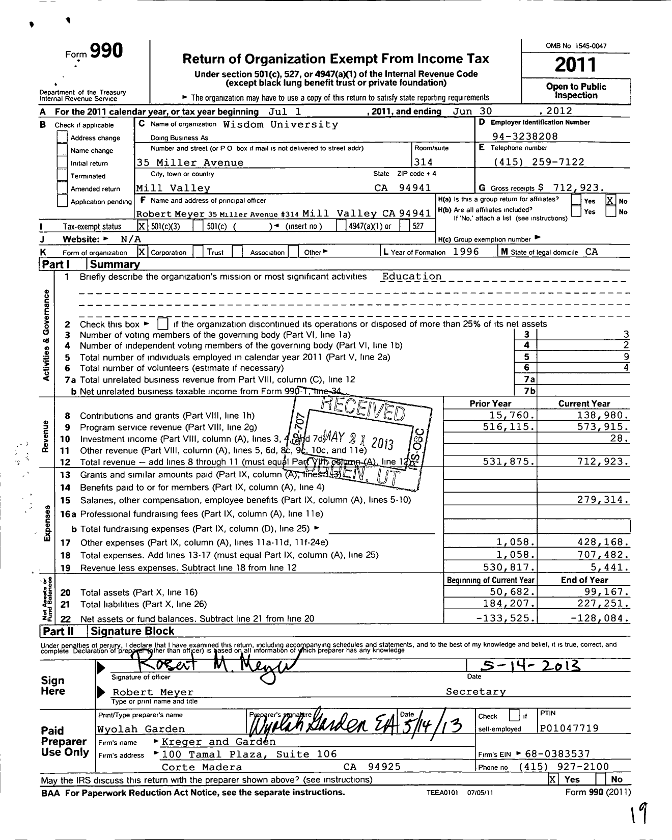 Image of first page of 2011 Form 990 for Wisdom University