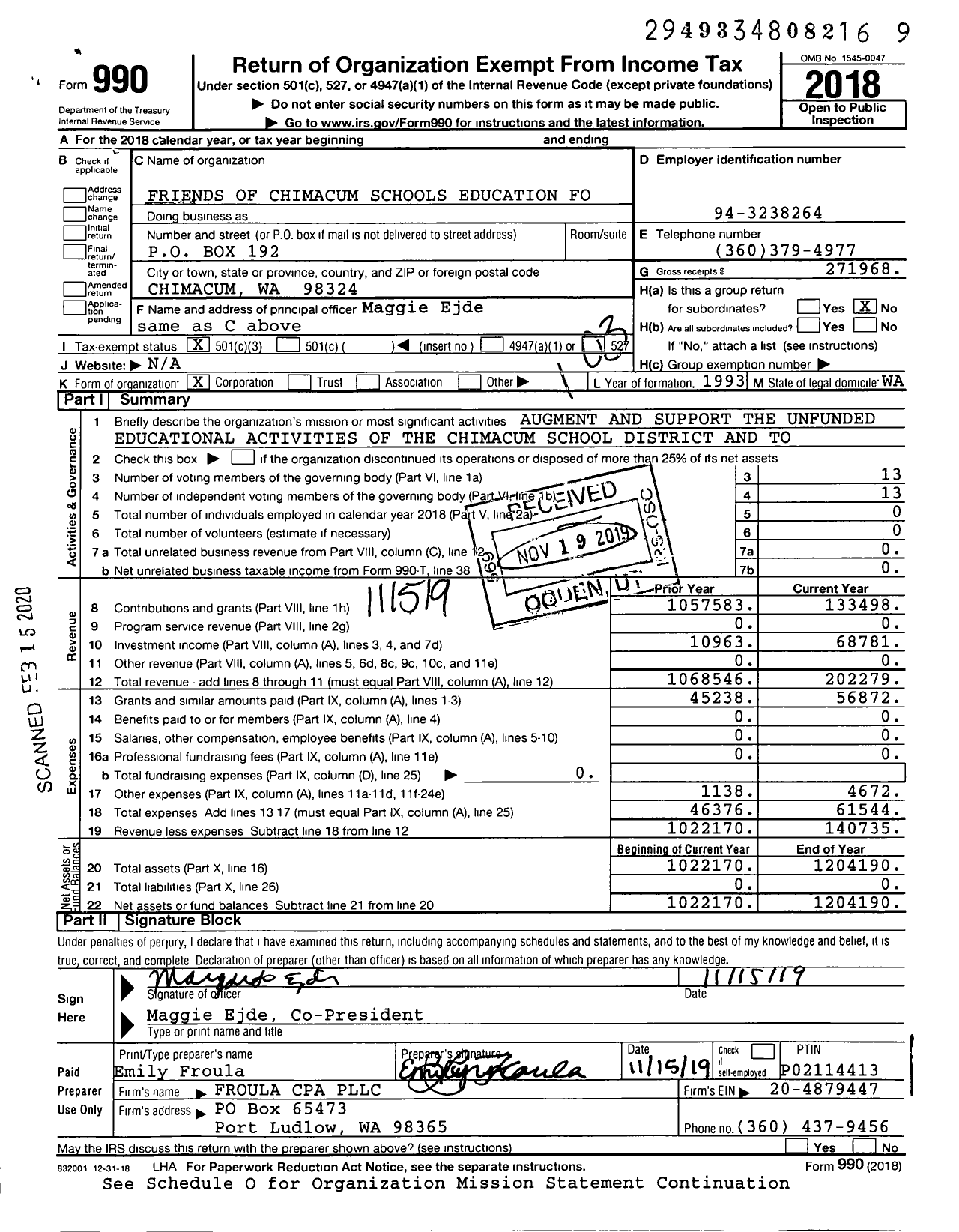 Image of first page of 2018 Form 990 for Friends of Chimacum Schools Education Foundation