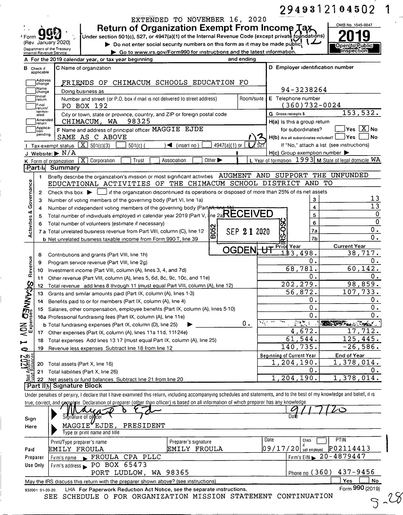 Image of first page of 2019 Form 990 for Friends of Chimacum Schools Education Foundation