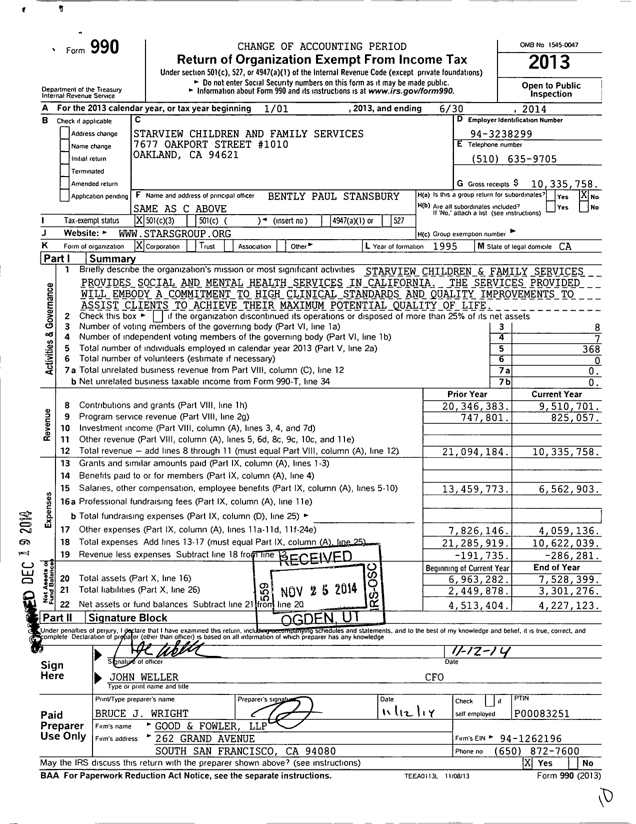 Image of first page of 2013 Form 990 for Stars Behavioral Health Group (SBHG)
