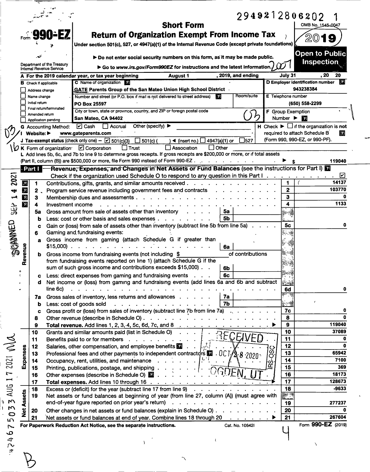 Image of first page of 2019 Form 990EZ for Gate Parents Group of the San Mateo Union High School District