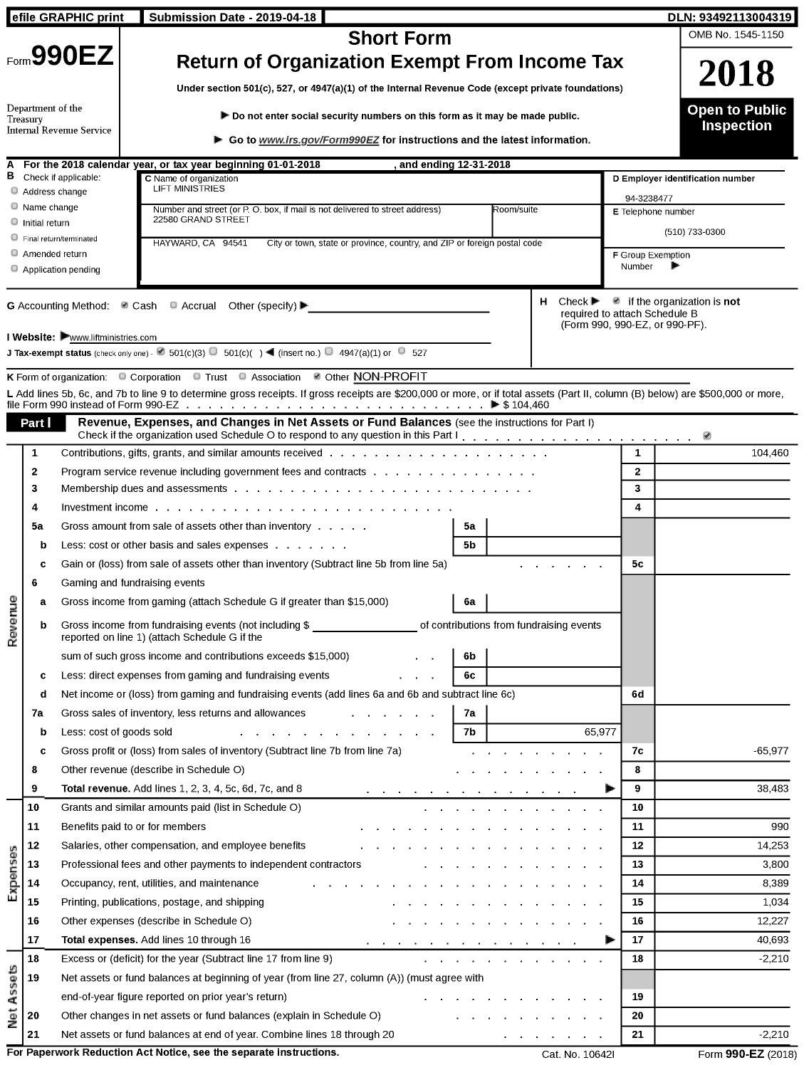 Image of first page of 2018 Form 990EZ for Lift Minsitries