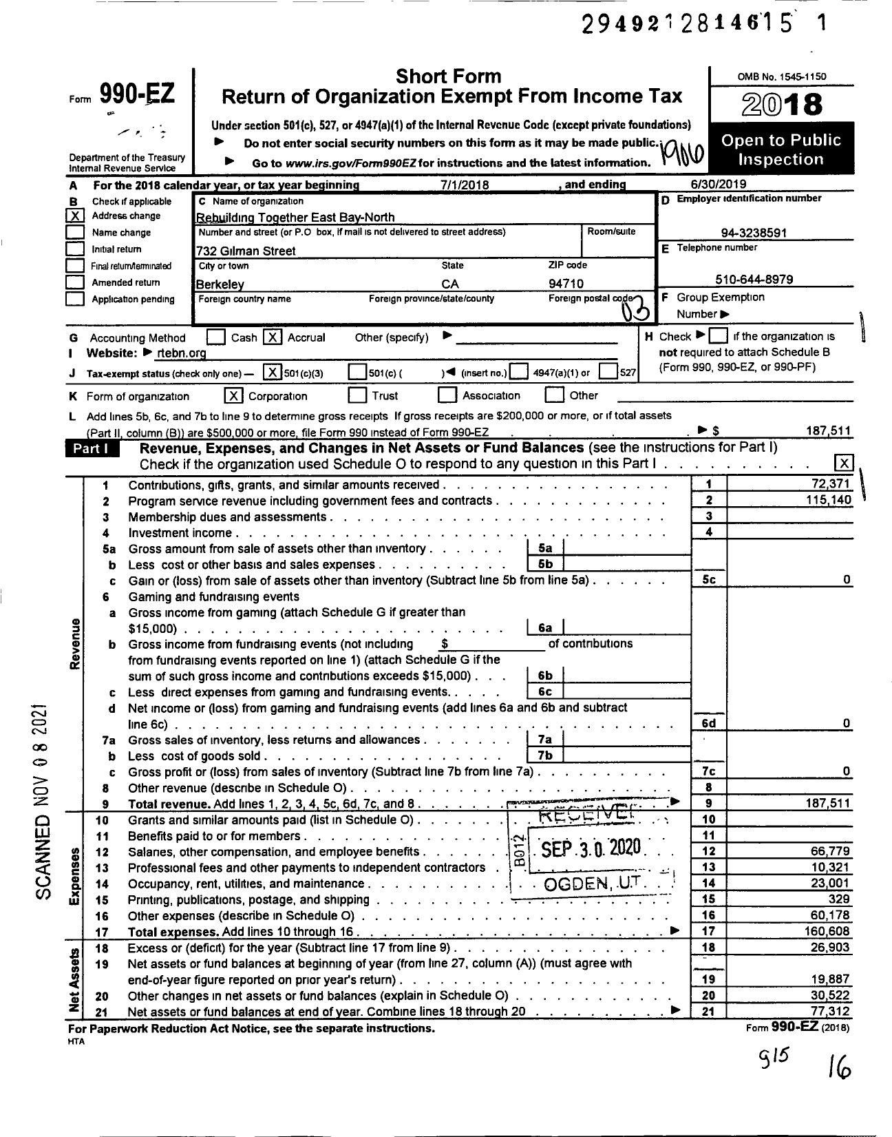 Image of first page of 2018 Form 990EZ for Rebuilding Together East Bay-North