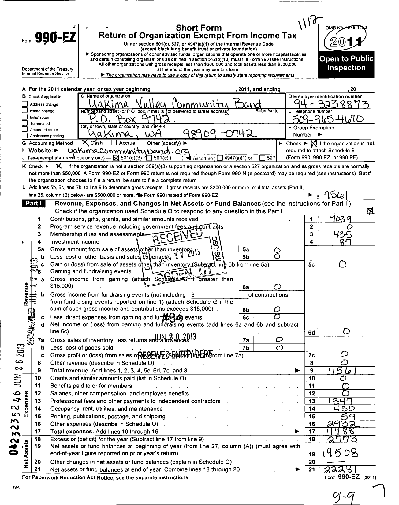 Image of first page of 2011 Form 990EZ for Yakima Valley Community Band