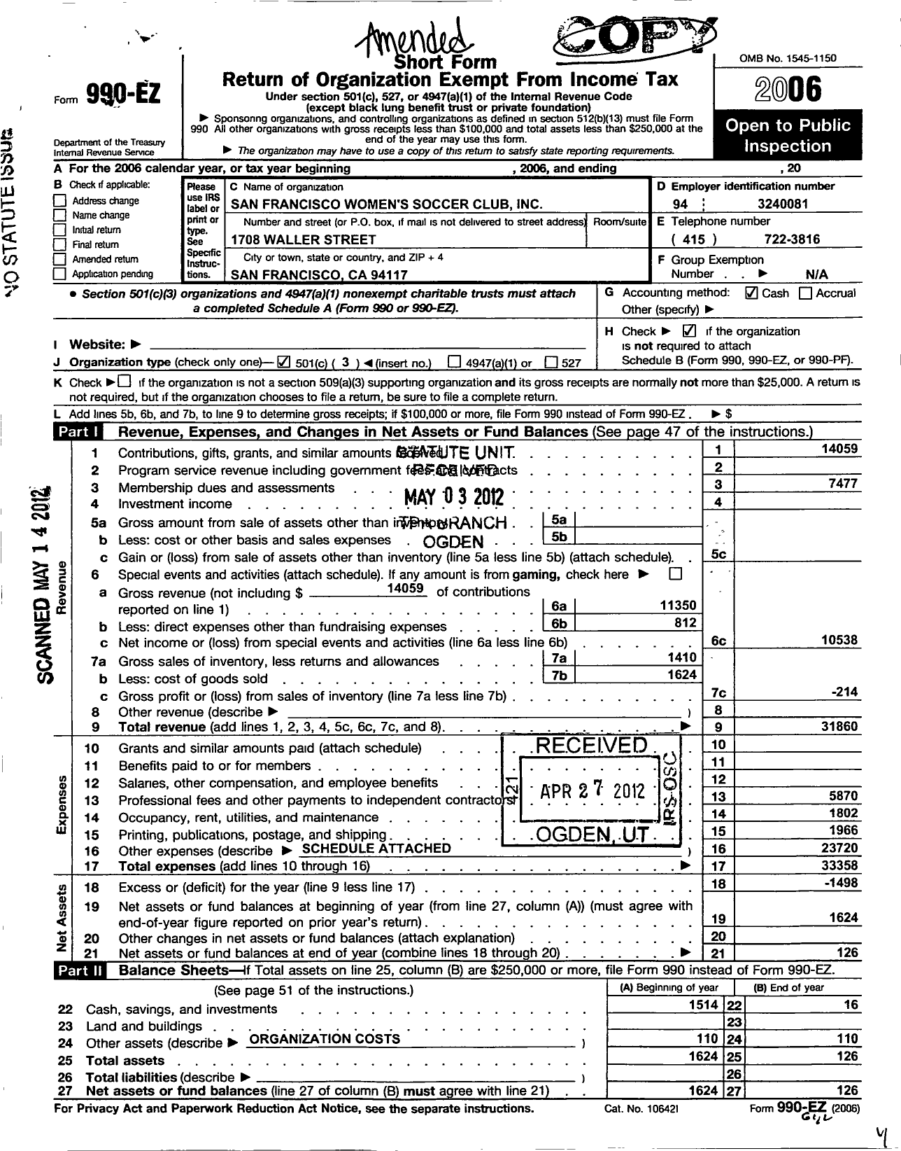 Image of first page of 2006 Form 990EZ for San Francisco Womens Soccer Club