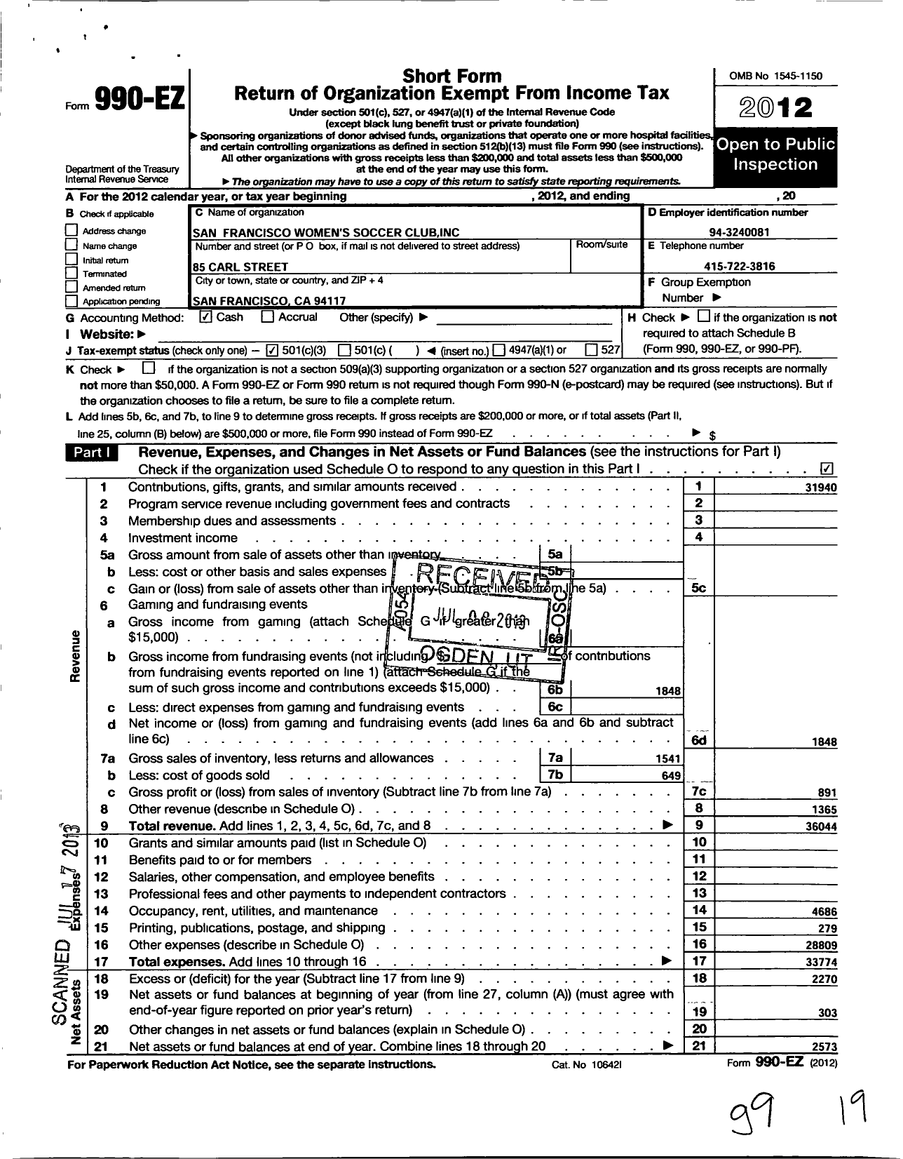 Image of first page of 2012 Form 990EZ for San Francisco Womens Soccer Club