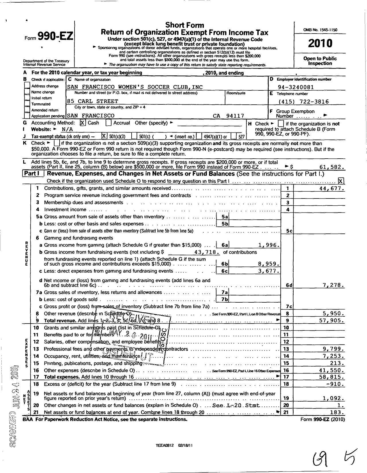 Image of first page of 2010 Form 990EZ for San Francisco Womens Soccer Club