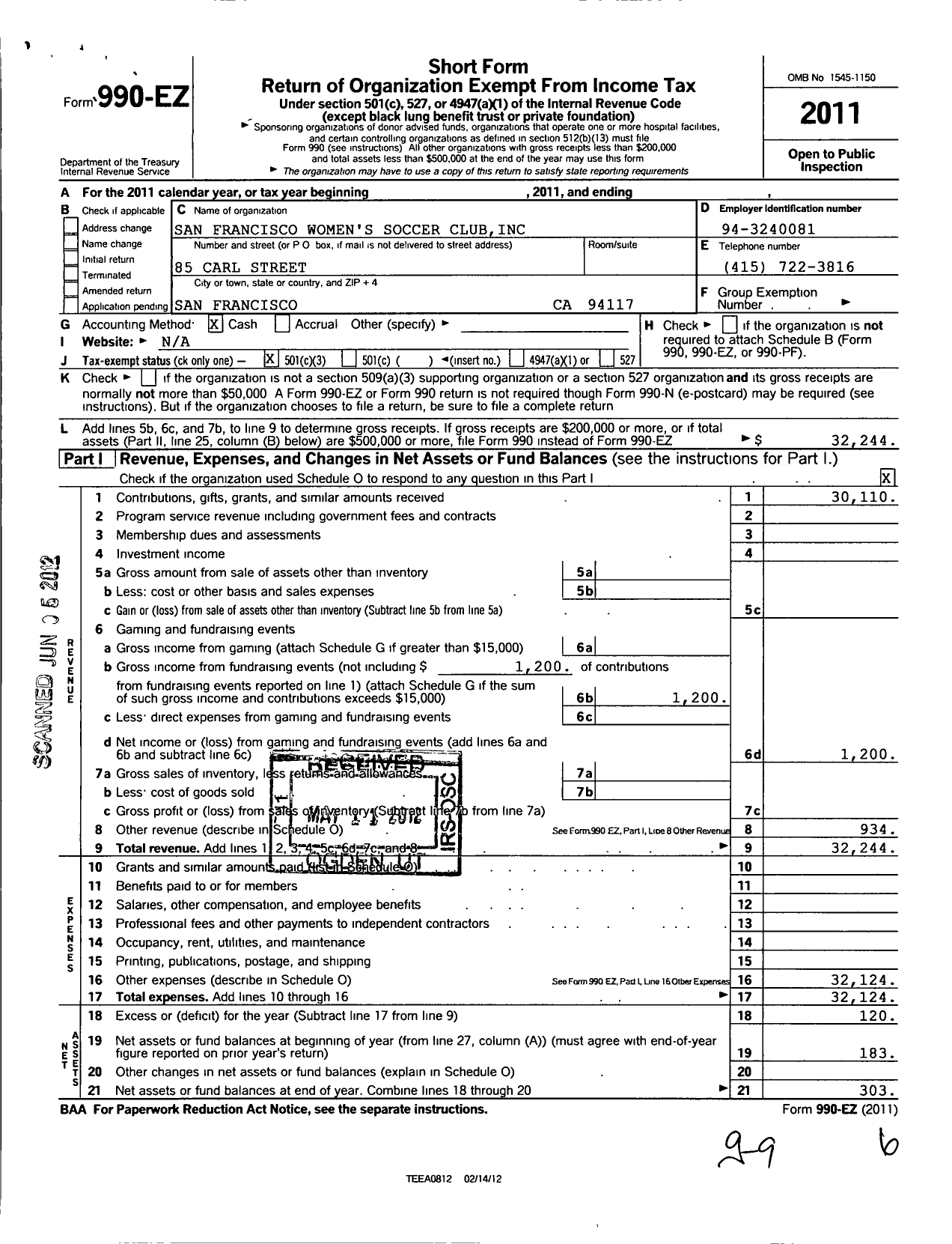 Image of first page of 2011 Form 990EZ for San Francisco Womens Soccer Club