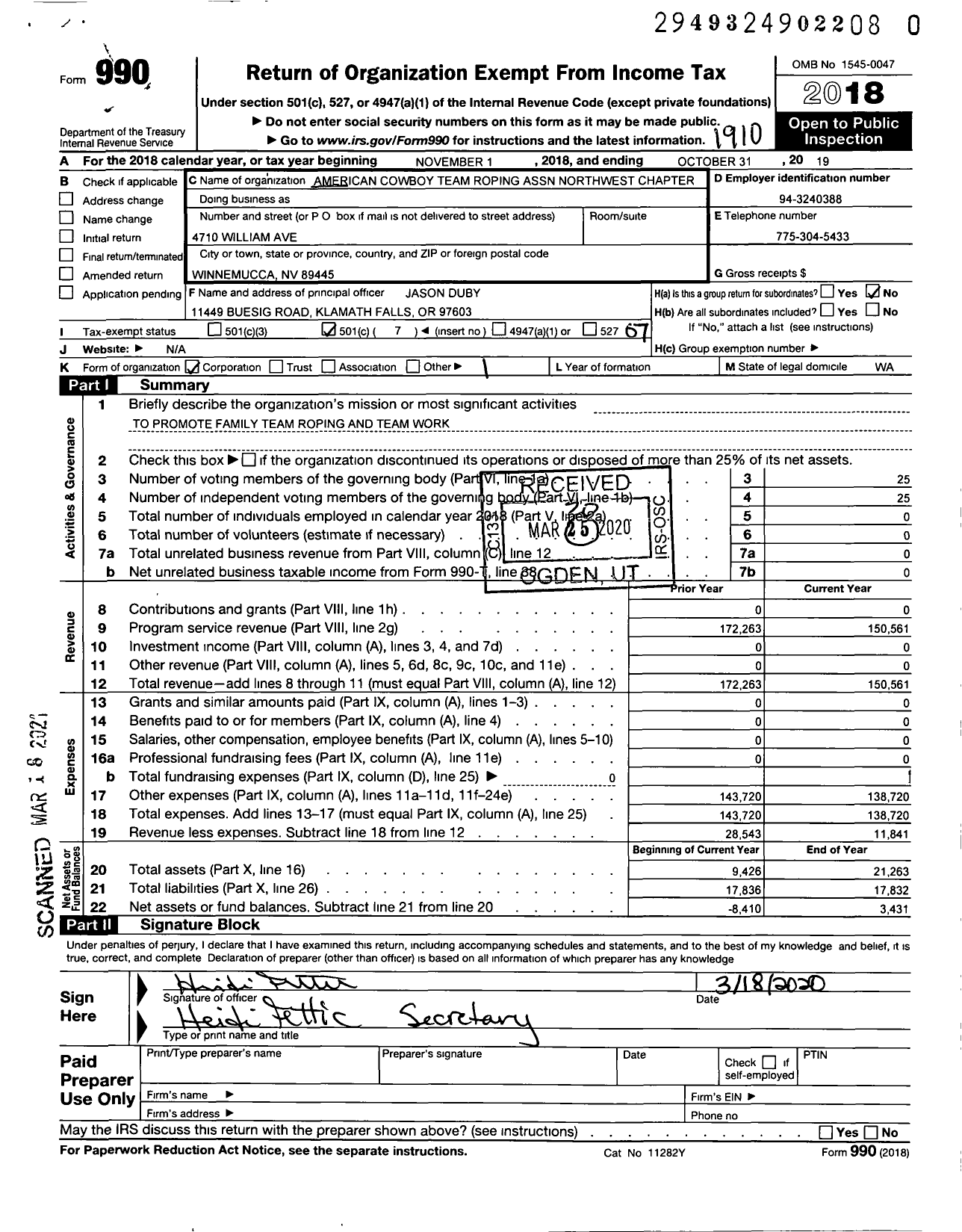 Image of first page of 2018 Form 990O for AMERICAN COWBOY TEAM ROPING ASSOCIATION / Northwest Chapter