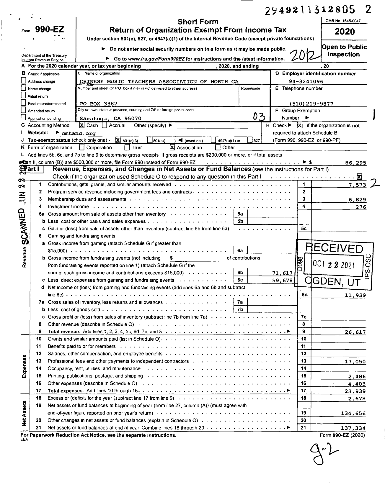 Image of first page of 2020 Form 990EZ for Chinese Music Teachers Association of North Ca